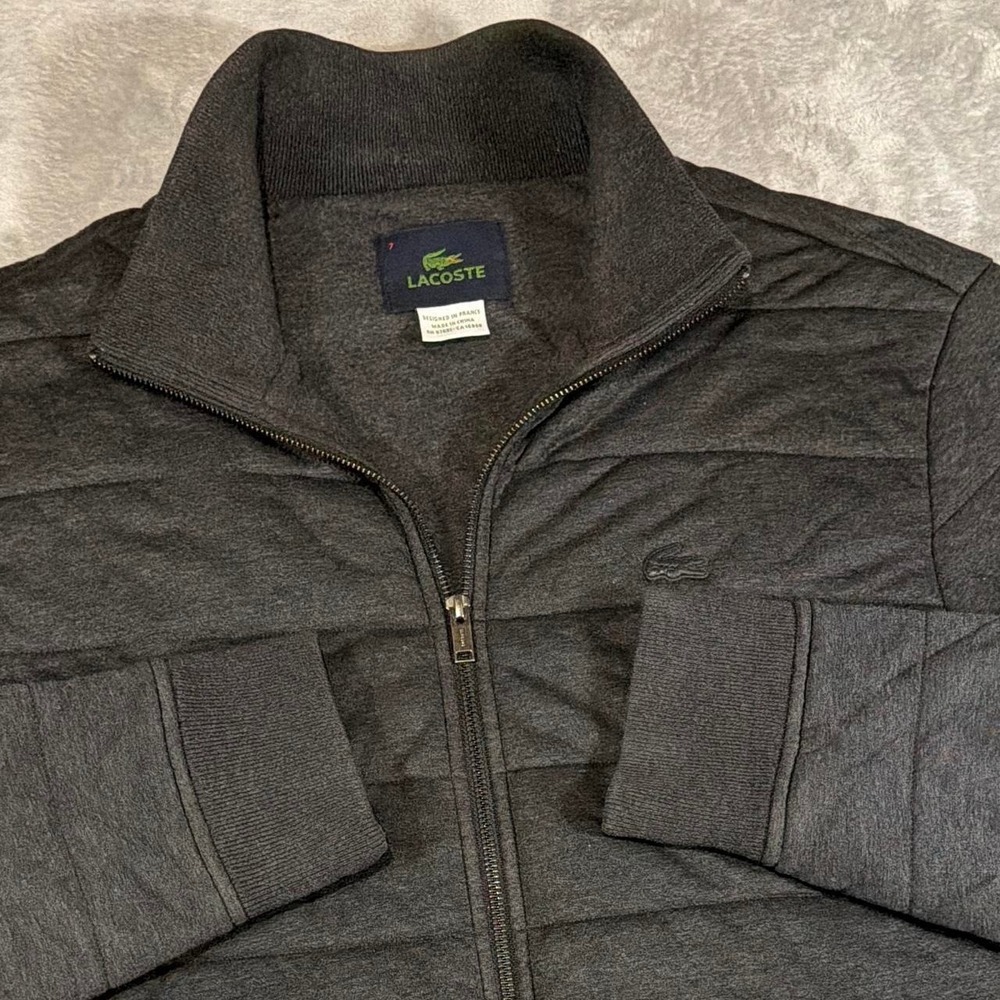 Y2K Vintage Lacoste Quilted Full Zip Jacket | Charcoal Gray | Size 7 (XXL)